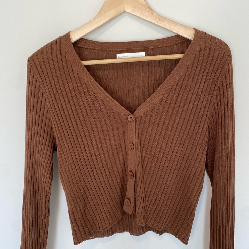 OAK + FORT Brown Ribbed Knit Cardigan